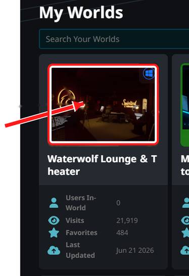 VRChat world thumbnail highlighted with a red arrow