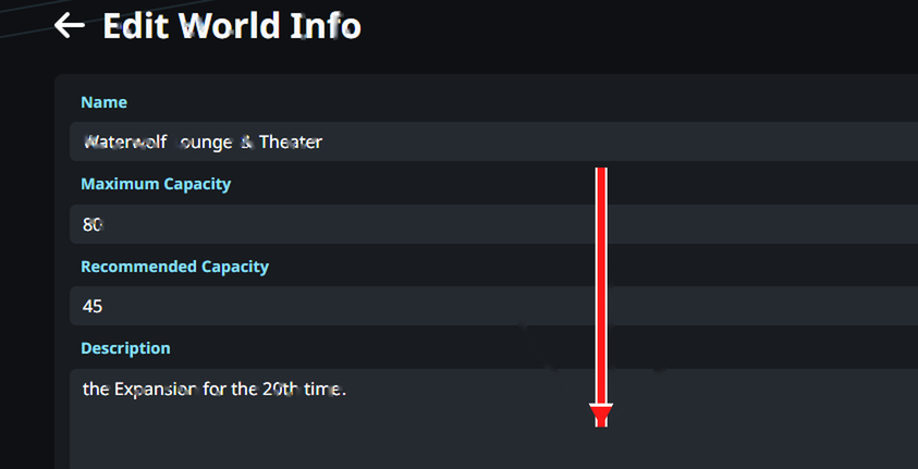 VRChat Edit World Info page with a red arrow showing to scroll down
